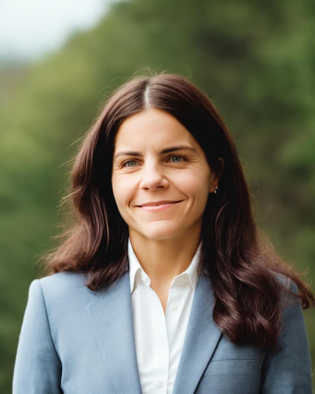 A young woman with long, dark hair is smiling warmly while wearing a light blue blazer against a blurred natural background.